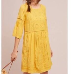 Anthropologie Golden embroidered Yellow Mini Dress